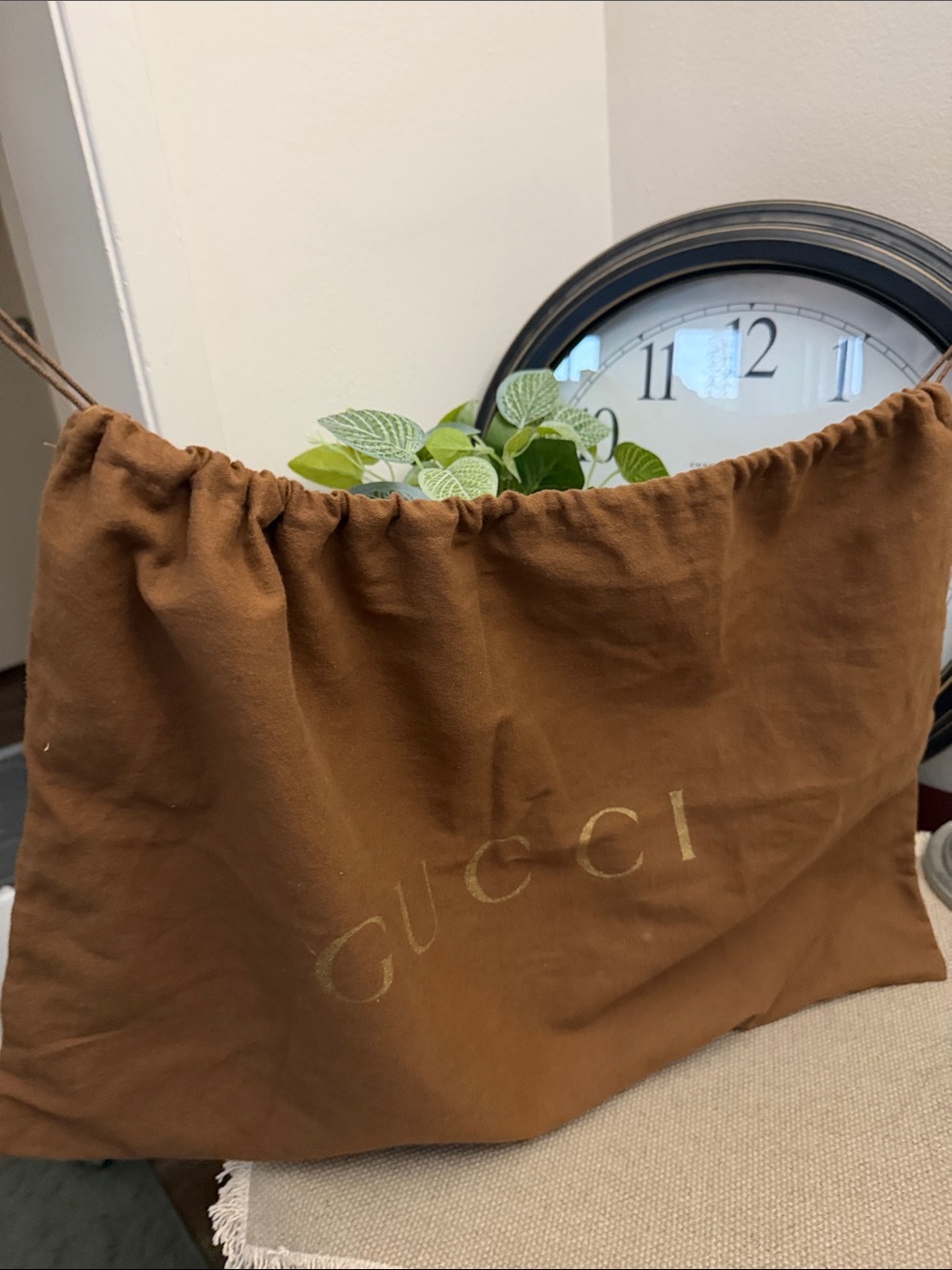 Gucci Brown Drawstring Dust Bag with Gold Logo